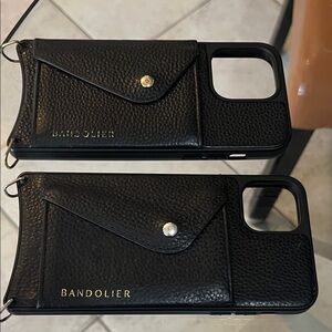 Bandolier Black Leather Wallet Phone Cases with Gold Logo. Unsure of sizes